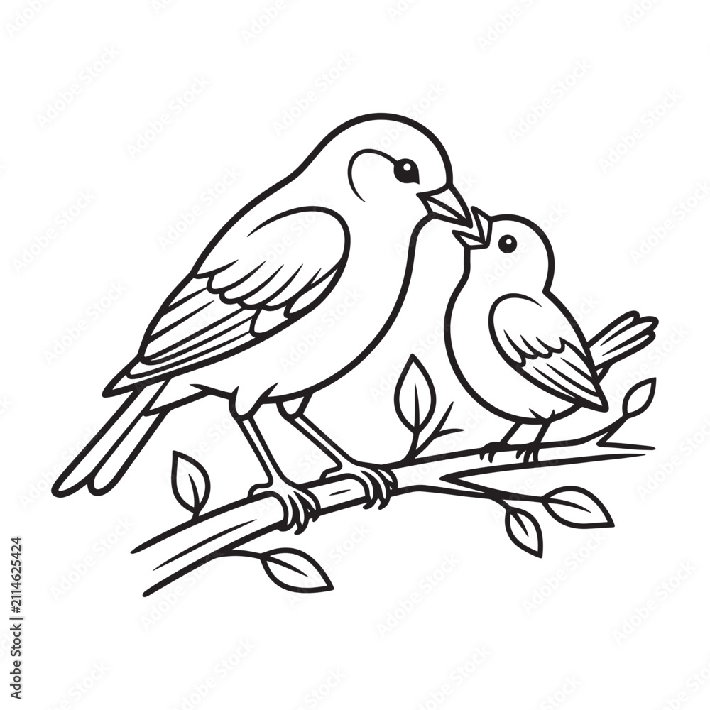Fototapeta premium Mother bird feeding hungry baby chick on branch coloring page for kids nature study.