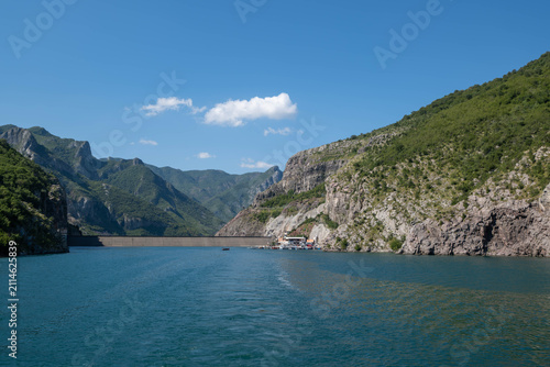 Koman hydroelectric dam and ferry terminal view from water Albania