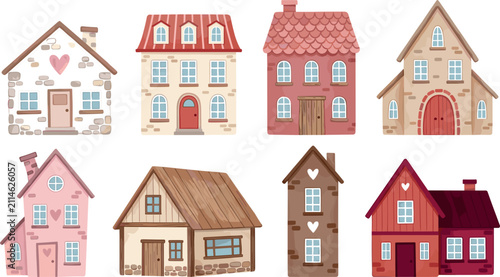 PrintCute Fairytale House and Cottage Vector Icon Set with Cozy European Style Architecture for Kids Books, Patterns, and Village Designs