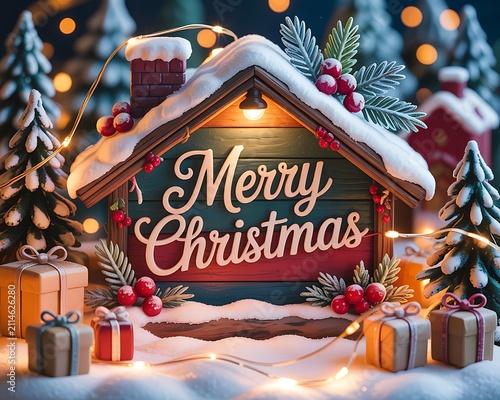Cozy Christmas scene featuring a decorated house with Merry Christmas text surrounded by gifts and twinkling lights