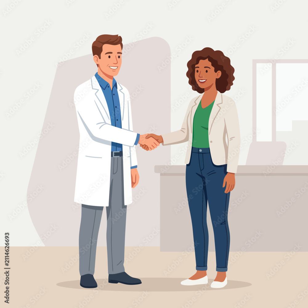 Fototapeta premium Doctor and Patient Shaking Hands in Medical Office, Vector Illustration