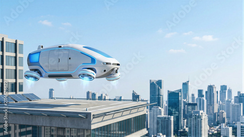 Flying car hovering above a rooftop landing pad on a modern skyscraper. Autonomous air taxi vehicle for futuristic urban transportation. Innovative electric mobility technology concept.