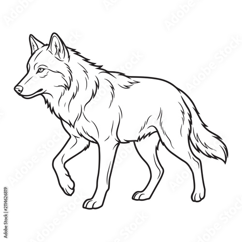 Walking wolf profile line drawing for coloring book page illustration of wild dog.