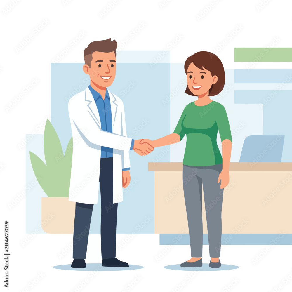 Obraz premium Doctor and Patient Shaking Hands in Clinic Reception Area, Modern Flat Illustration