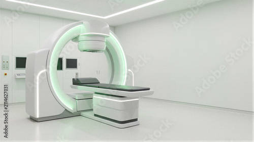 Medical radiation therapy device in modern clinic room. Linear accelerator machine for cancer treatment. Innovative oncology diagnostic equipment and healthcare technology clinical interior.