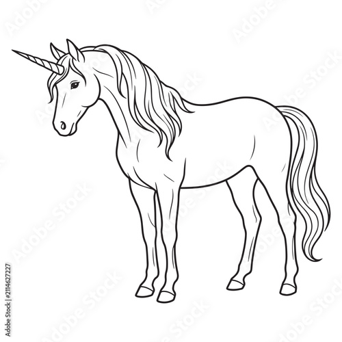 Detailed line art illustration of a regal unicorn with horn facing left side design.