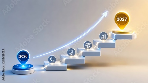 Business growth strategy transition from 2026 to 2027 with upward arrow and financial icons on ascending steps