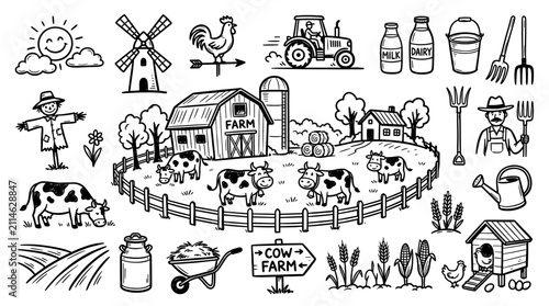 Cow Farm Doodle Illustration, Hand Drawn Dairy Farm Landscape Line Art Style