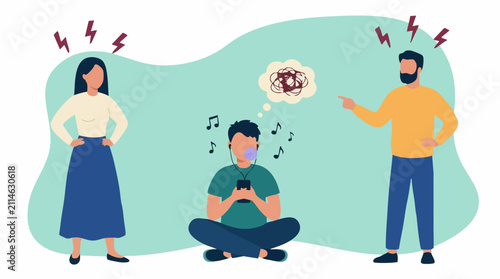 Obraz na plátne Parents scolding teenager engrossed in smartphone and music, family conflict