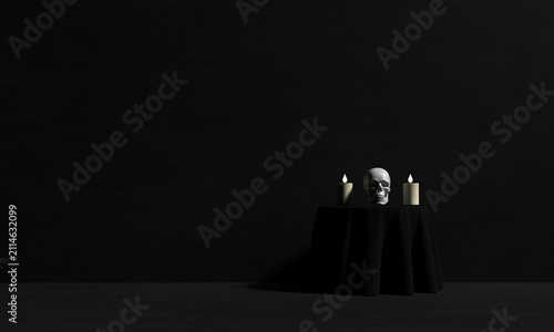 Konstfotografi Skull human head candle light bright black color background wallpaper copy space