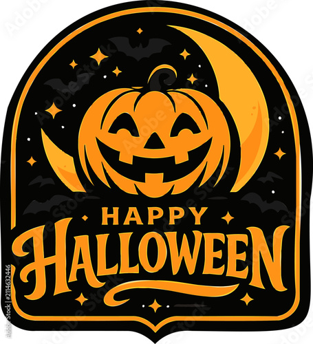 Happy Halloween vector design, spooky badge with pumpkin and moon for posters, holiday party art