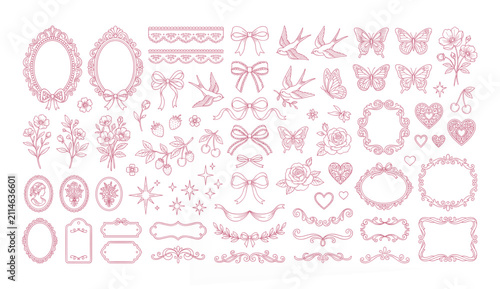 Coquette Decorative Elements Collection with Vintage Frames, Bows, Butterflies, Flowers and Ornamental Line Art Vector Set