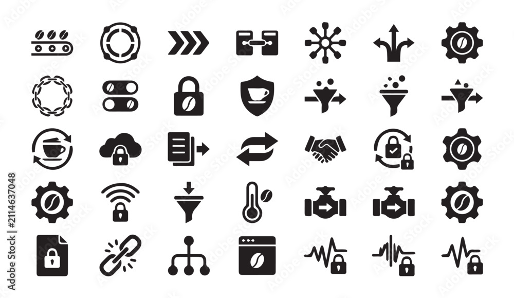 Fototapeta premium Industrial coffee bean processing and technology management icon collection