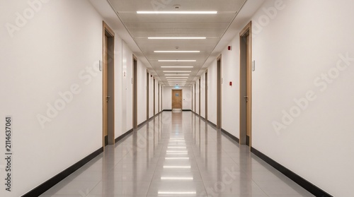 Long Empty Hallway with Doors and Reflective Floor.