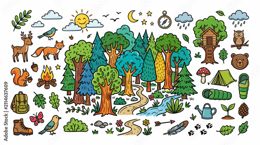 Fototapeta premium Forest Nature Doodle Illustration, Colorful Hand Drawn Woodland Landscape Style