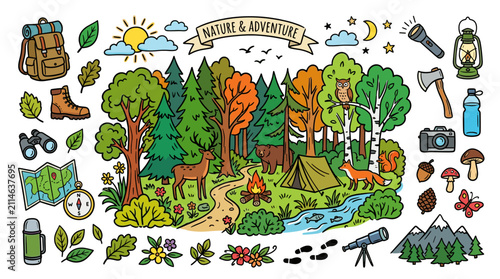 Forest Nature Doodle Illustration, Colorful Hand Drawn Woodland Landscape Style