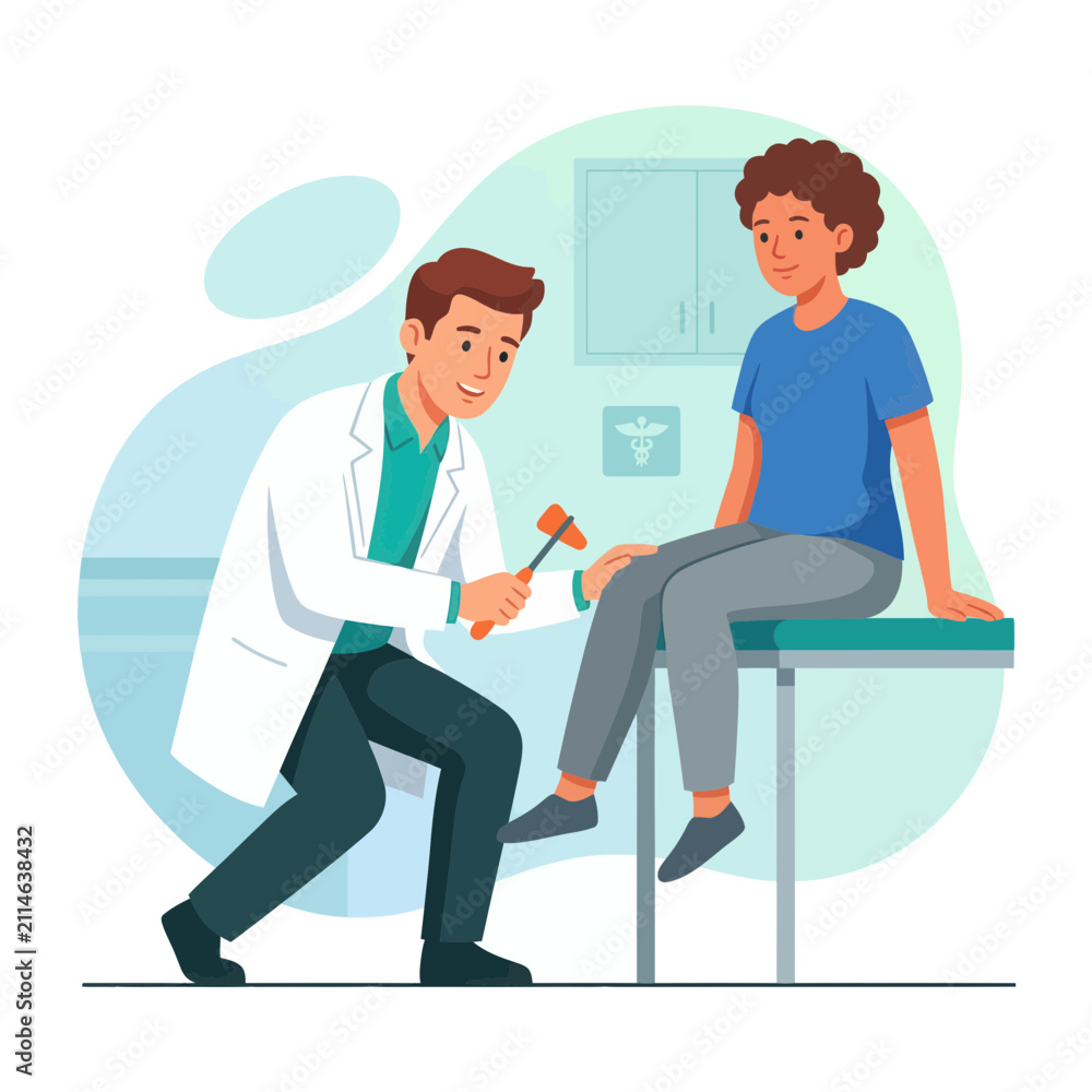 Obraz premium Doctor performing reflex test on patient with reflex hammer in a modern clinic examination room, flat design illustration