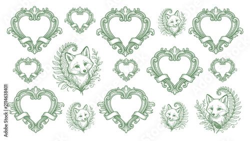 Fotografía Green heart-shaped wreath frames featuring fox and wolf animal faces design