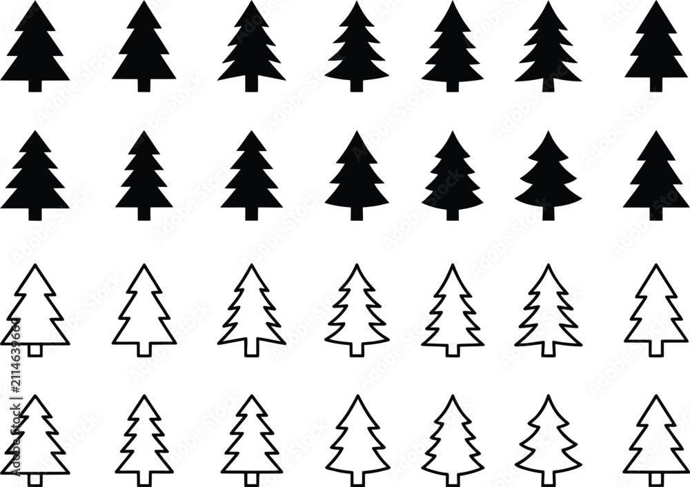 Obraz premium Minimalist pine tree icons, 28 evergreen forest silhouettes and outlines, black and white coniferous tree vector set for winter holiday design