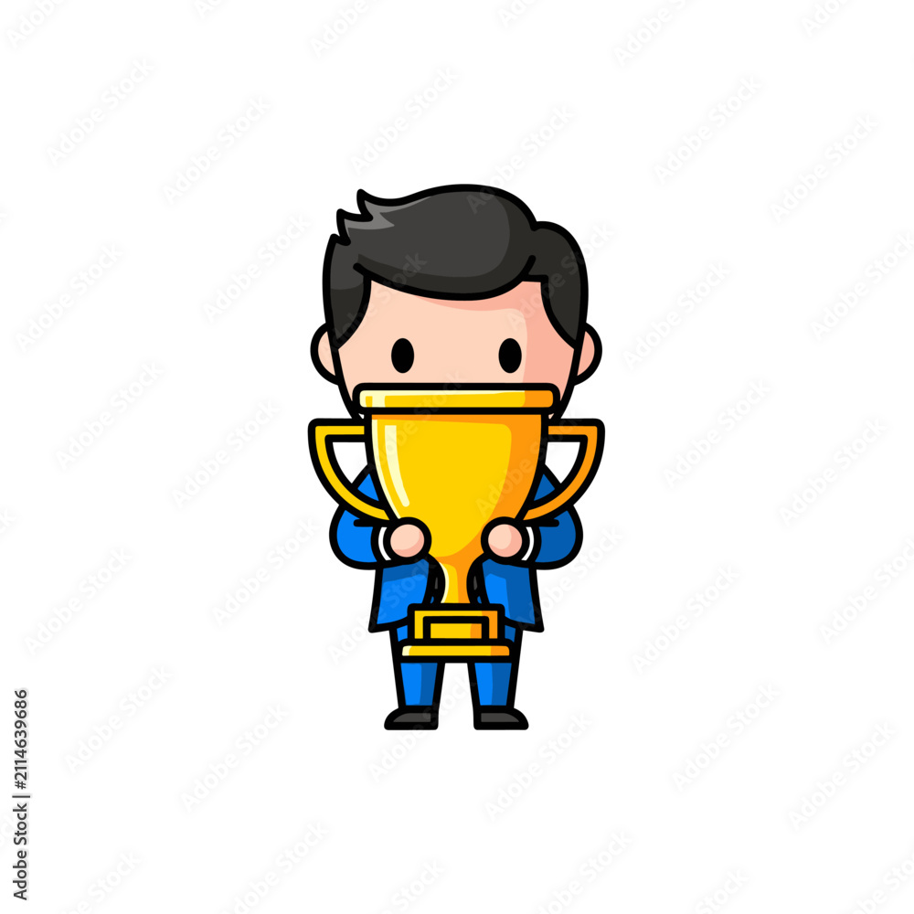 Obraz premium Adorable cartoon businessman in a blue suit proudly holding a golden trophy. Concept for success, winning, celebration, and achievement in business or competition.