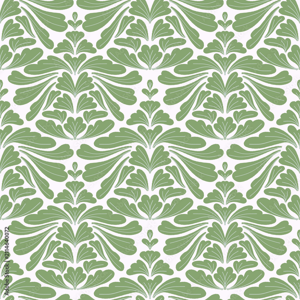 Fototapeta premium Seamless botanical design in muted sage green and white, combining scalloped fan-shaped foliage, delicate line details, and balanced contemporary folk symmetry.