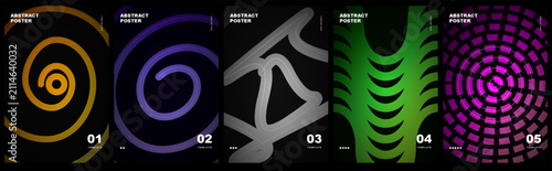 Bild auf Leinwand Set of 5 abstract posters with geometric shapes, spiral lines, and circular patterns in vibrant neon colors