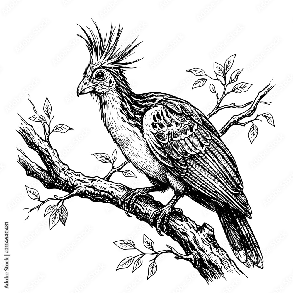 Fototapeta premium Hoatzin bird illustration on a branch. Detailed ink drawing of a tropical exotic bird.
