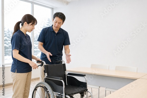 冬の研修室で車椅子介助を学ぶ日本人介護職員