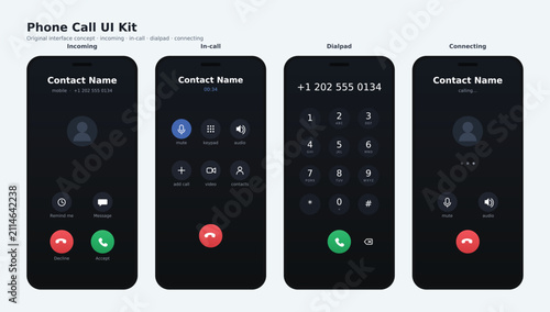 фотографія Modern Phone Call Interface UI Kit with Incoming Call, In-Call, Dialpad and Conn