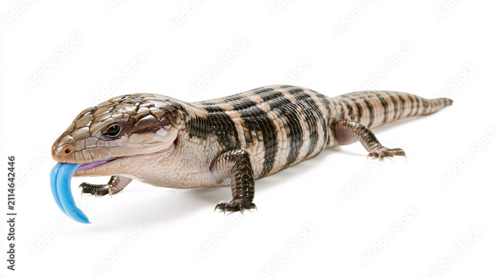Fototapeta premium Blue tongued skink lizard isolated on white background with extended blue tongue and detailed scales