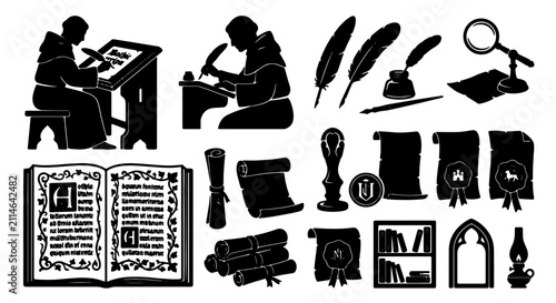 Foto Medieval Scribes and Manuscripts Vector Icons: Monks Writing, Scrolls, Inkwells,