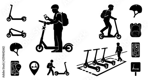 Electric Scooter Icons & Illustrations: Urban Mobility, City Transportation, Personal Commute, Delivery Service, Eco-Friendly Transport Set