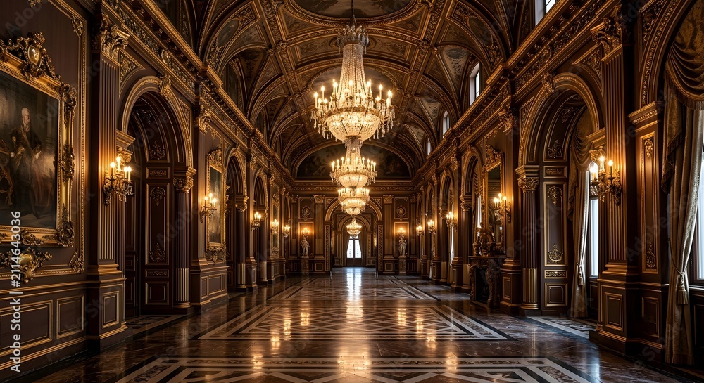 Obraz premium Majestic Dark Wood Baroque Corridor with Crystal Chandeliers and Oil Paintings