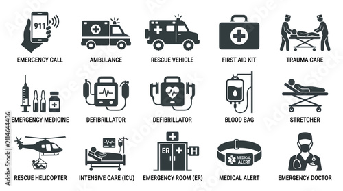 Set of medical emergency icons and symbols.