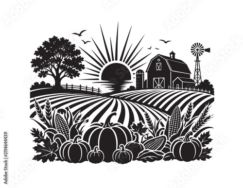 Farm scene with barn pumpkins and wheat in black and white silhouette