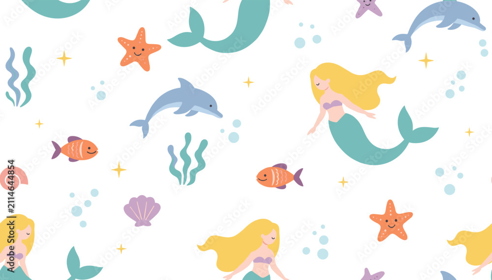 Fototapeta premium Dreamy seamless pattern with beautiful blond mermaids, swimming blue dolphins, orange starfishes, and sea elements on a white background.