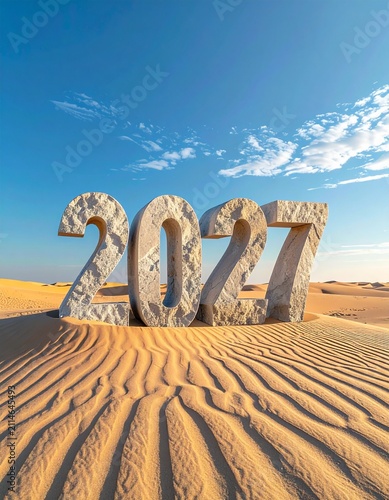 The year 2027 sculpted from ancient stone materializes within a vast, undulating desert landscape under a bright blue sky, symbolizing a new era, the future, and forthcoming opportunities