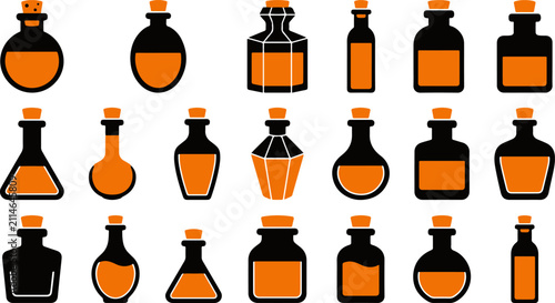 Cuadro en lienzo Set of various vintage glass jars containing orange liquid for a spooky hallowee