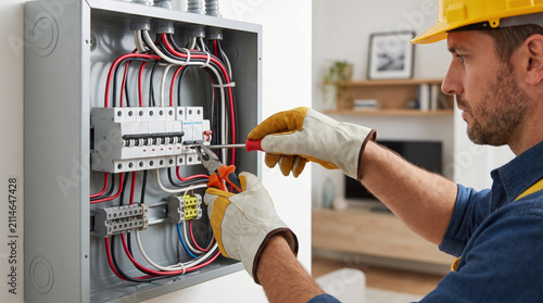 Electrician working on circuit panel in a home during daytime