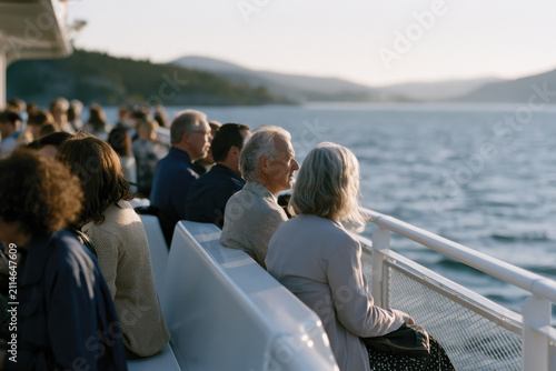 Passengers sit calmly on a ferry, surrounded by tranquil waters and stunning landscapes, showcasing the beauty and serenity of a peaceful travel experience.