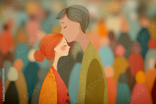 man kisses woman's forehead