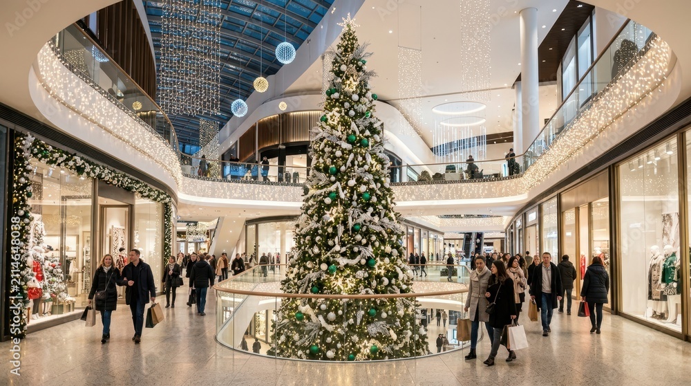 Obraz premium Festive shoppers enjoy the holiday spirit around a large decorated Christmas tree in a modern mall