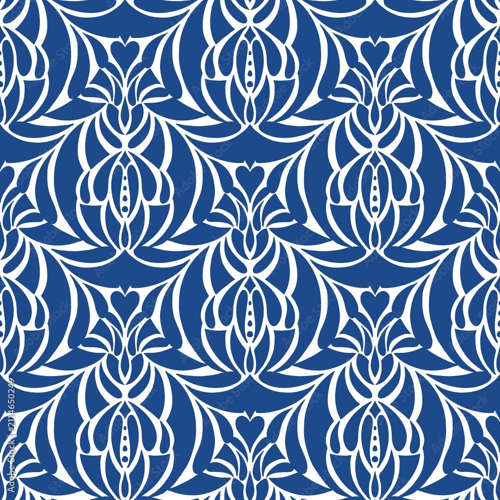 Fototapeta premium Crisp seamless floral design in royal blue and white, featuring mirrored tulip-like forms, heart details, flowing leaves, and bold Art Nouveau-inspired graphic symmetry.