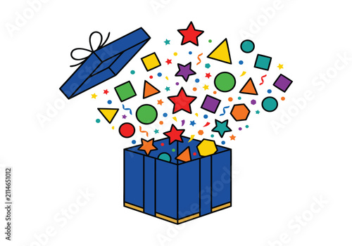 Festive Shopping Surprise Box with Colorful Floating Geometric Shapes and Confetti Elements for Creative Celebration Designs