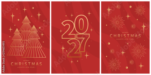 Merry Christmas and Happy 2027 New Year. Greeting cards design with gold lines, Christmas tree and stars and fireworks in geometric minimalist. Vector illustration for winter holidays.