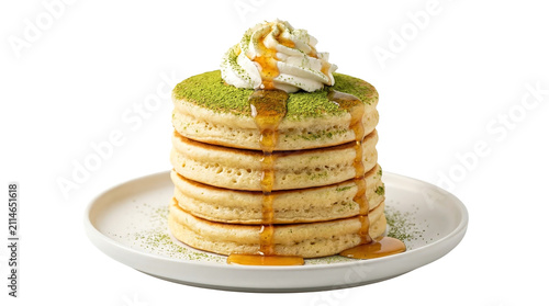 Fluffy matcha pancakes stacked high drizzled on transparent background