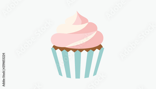 Sweet cupcake with delicious pink and white swirl frosting in striped blue wrapper represents tasty dessert bakery.