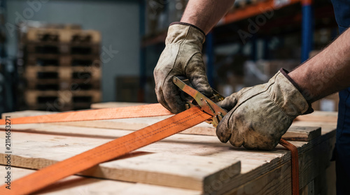 Worker secures wooden crates using a strap and tool in a warehouse environment during daylight hours