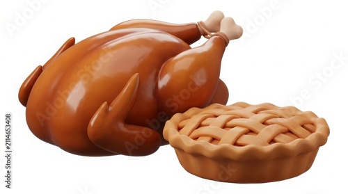 Food - 3D Render of Thanksgiving Roast Turkey and Lattice Pie