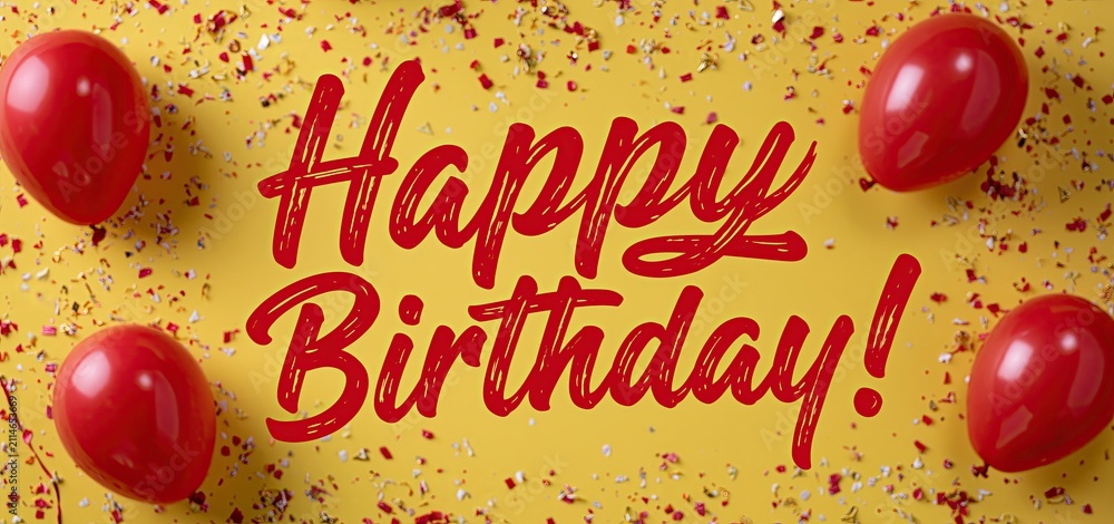 Obraz premium Bright yellow background with red birthday lettering, colorful balloons, and confetti creating a joyful party vibe.
